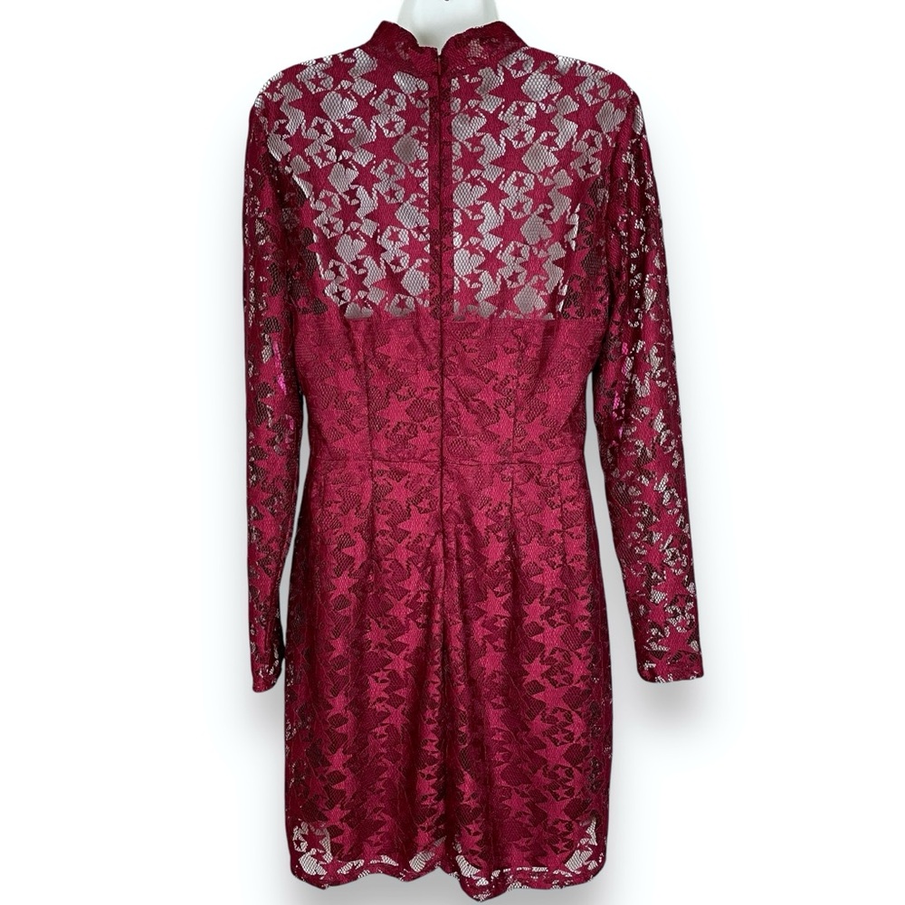 Betsey Johnson Dress Red Star Lace Sheath Illusion Long Sleeve Sheer Maroon 12 - Picture 4 of 14